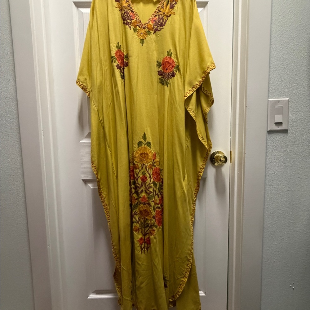 Yellow Embroidered Floral Kaftan